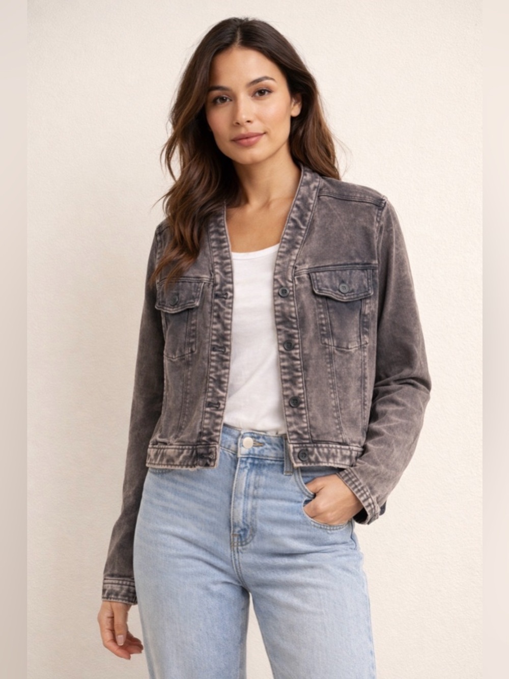 Anthropologie Bibiana Bomber Denim Jacket in an acid-wash black and gray finish